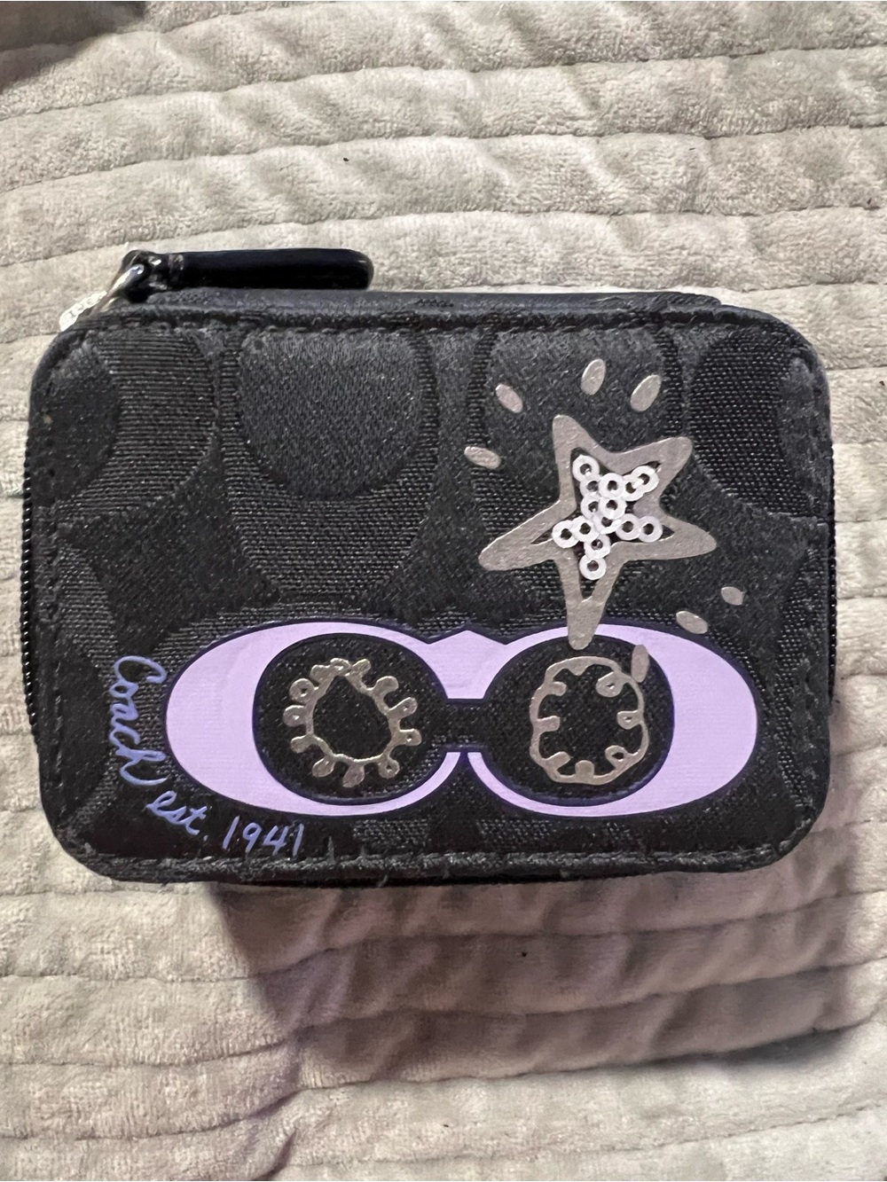 Coach Black and Lavender pill case with Star and Sunglasses Graphic